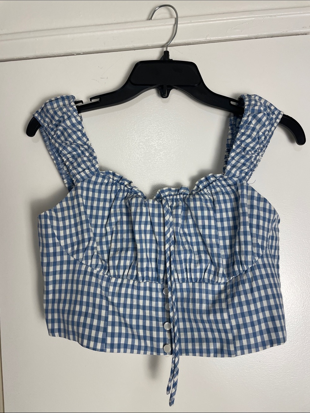 Monteau Blue and White Gingham Tie-Front Crop Top